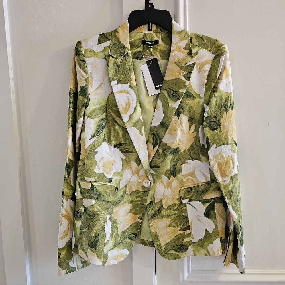 Premise Chic Green and Yellow Floral Blazer Size 8